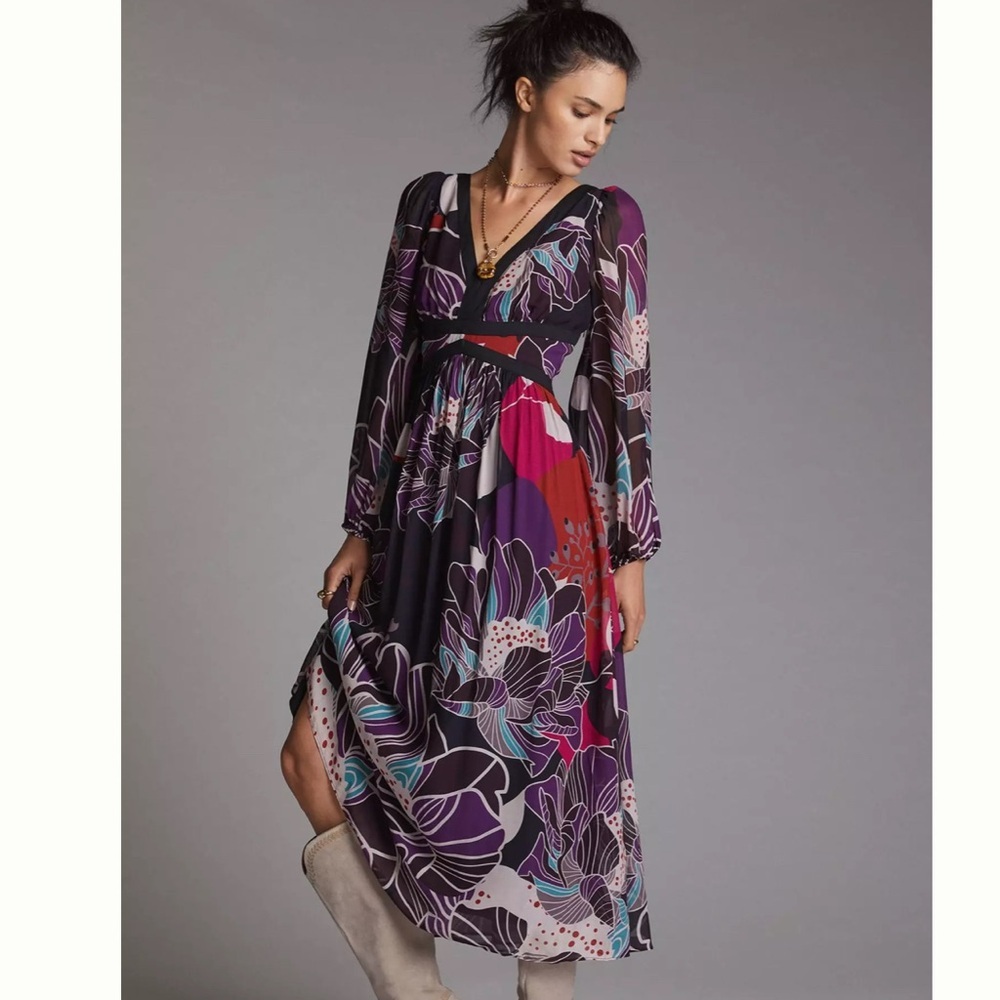 Anthropologie Black Floral Midi Dress with Purple and Teal Accents